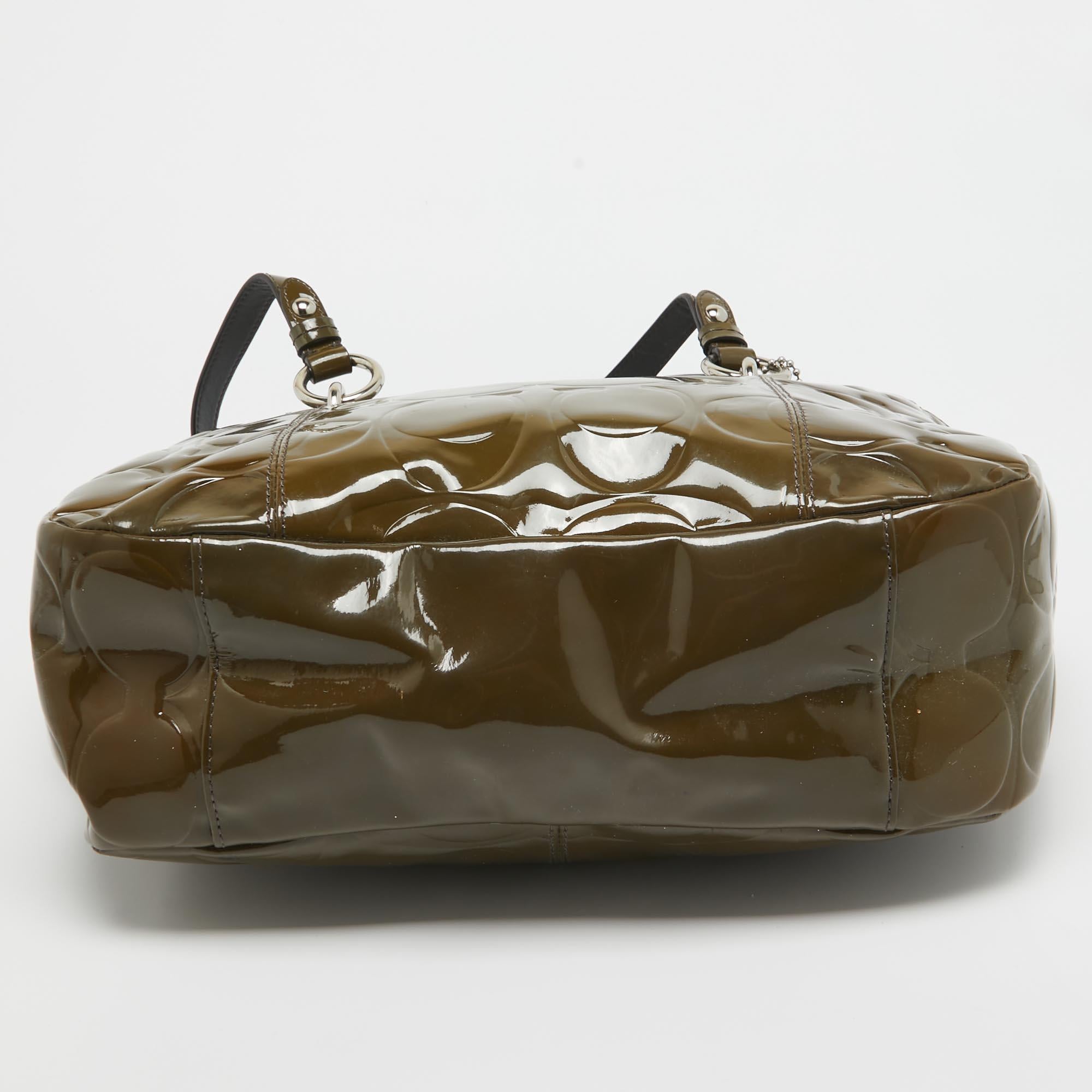 Coach Olive Green Op Art Embossed Patent Leather East West Gallery Tote 1