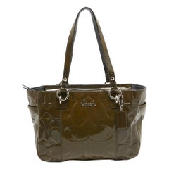 Coach Olive Green Op Art Embossed Patent Leather East West Gallery Tote