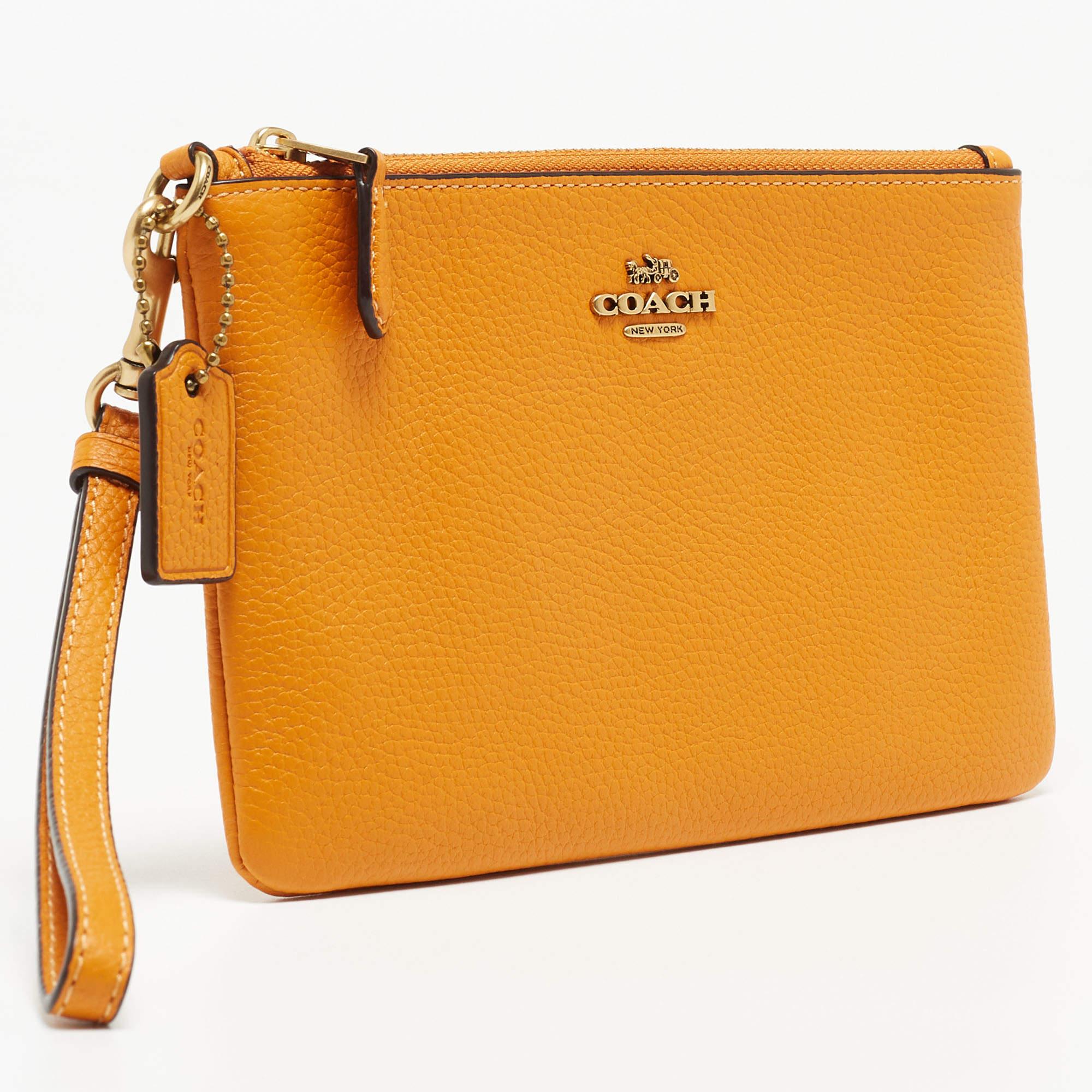 Women's Coach Orange Leather Wristlet Zip Pouch