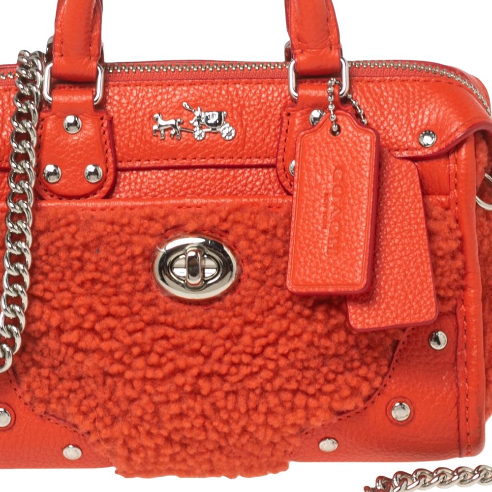 Women's Coach Orange Shearling and Leather Rhyder 18 Satchel