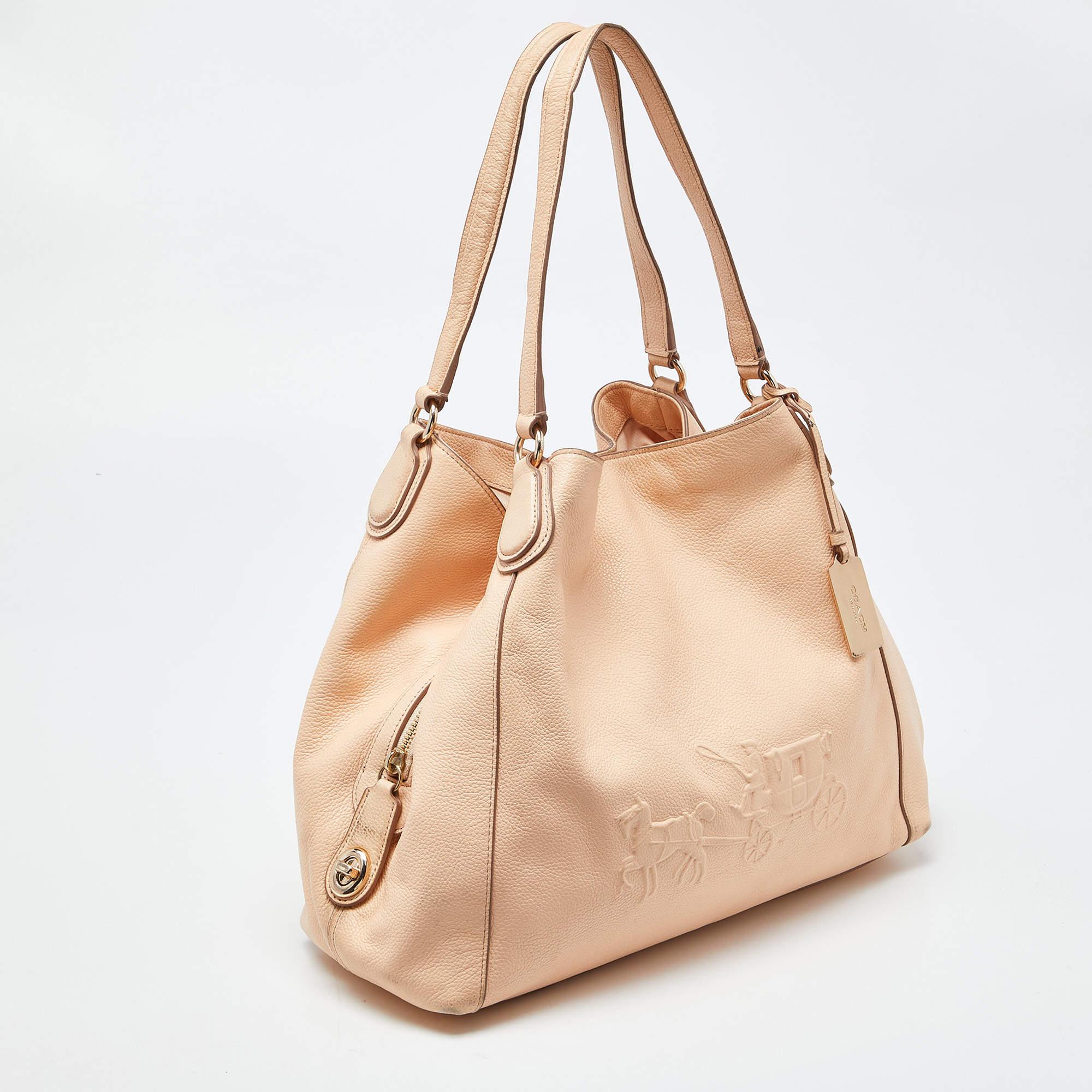 Beige Coach Peach Leather Horse Carriage Edie Shoulder Bag