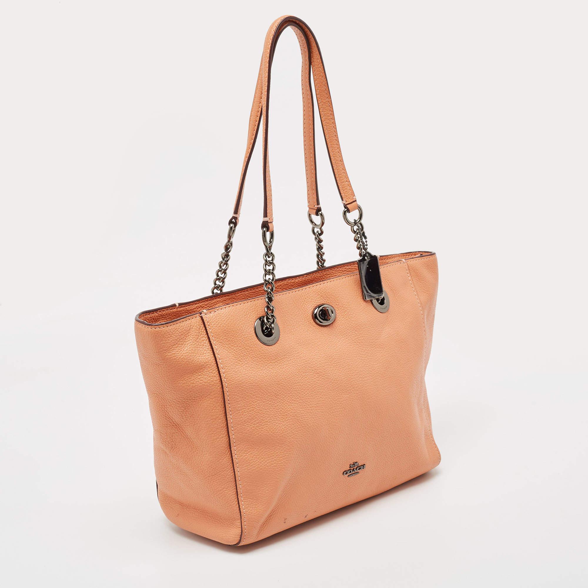 Orange Coach Peach Leather Turnlock Chain Tote For Sale