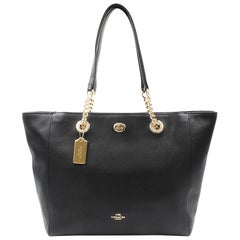 Coach Pebbled Turnlock Kette Schwarz Leder Tote Damen Tasche 56830