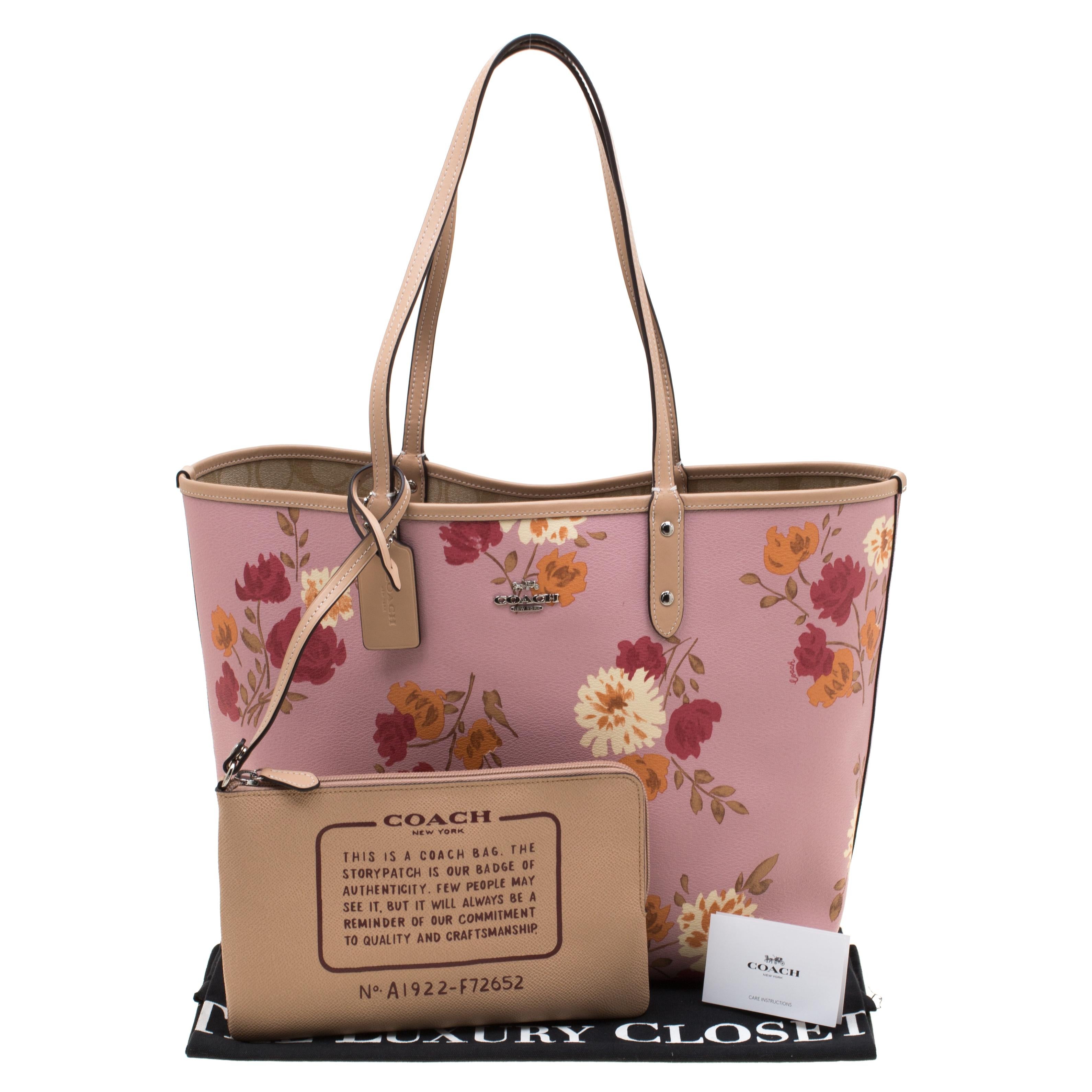 Coach Pink/Beige Floral Print And Signature Coated Canvas Reversible City Tote 4