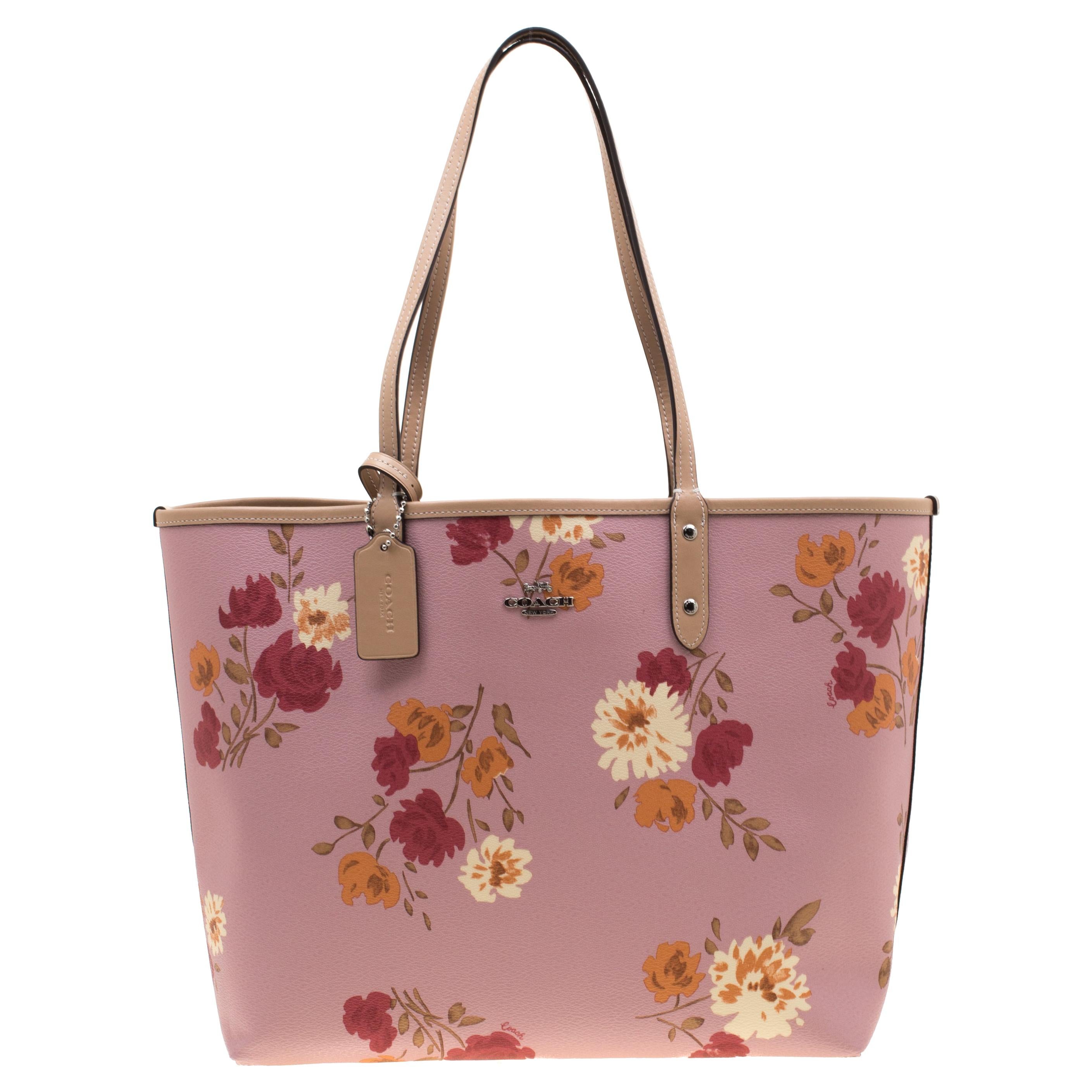 Coach Pink/Beige Floral Print And Signature Coated Canvas Reversible City Tote