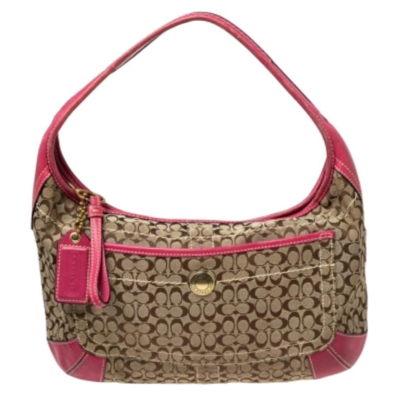 Coach Pink/Beige Signature Canvas and Leather Zip Hobo