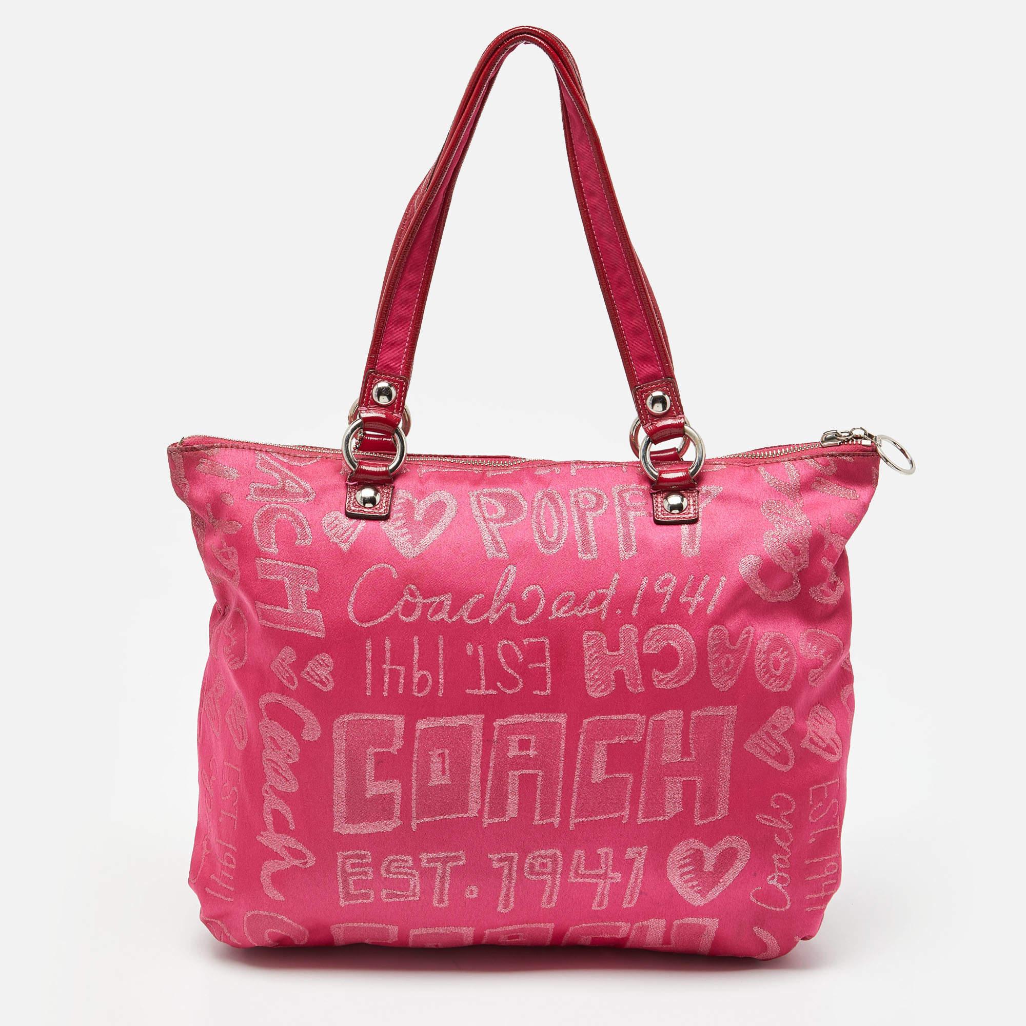 Women's Coach Pink Canvas and Patent Leather Poppy Glam Tote For Sale