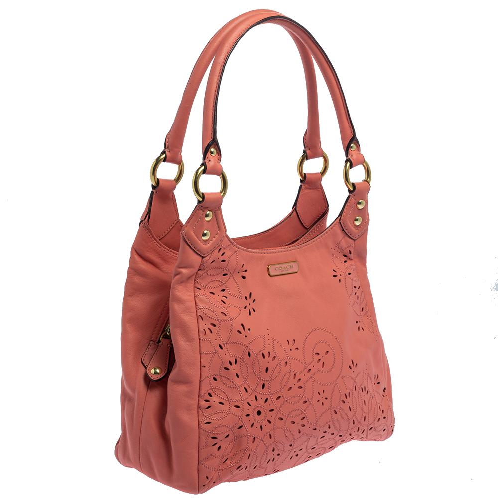 Coach Pink Leather Floral Laser Cut Hobo For Sale 1