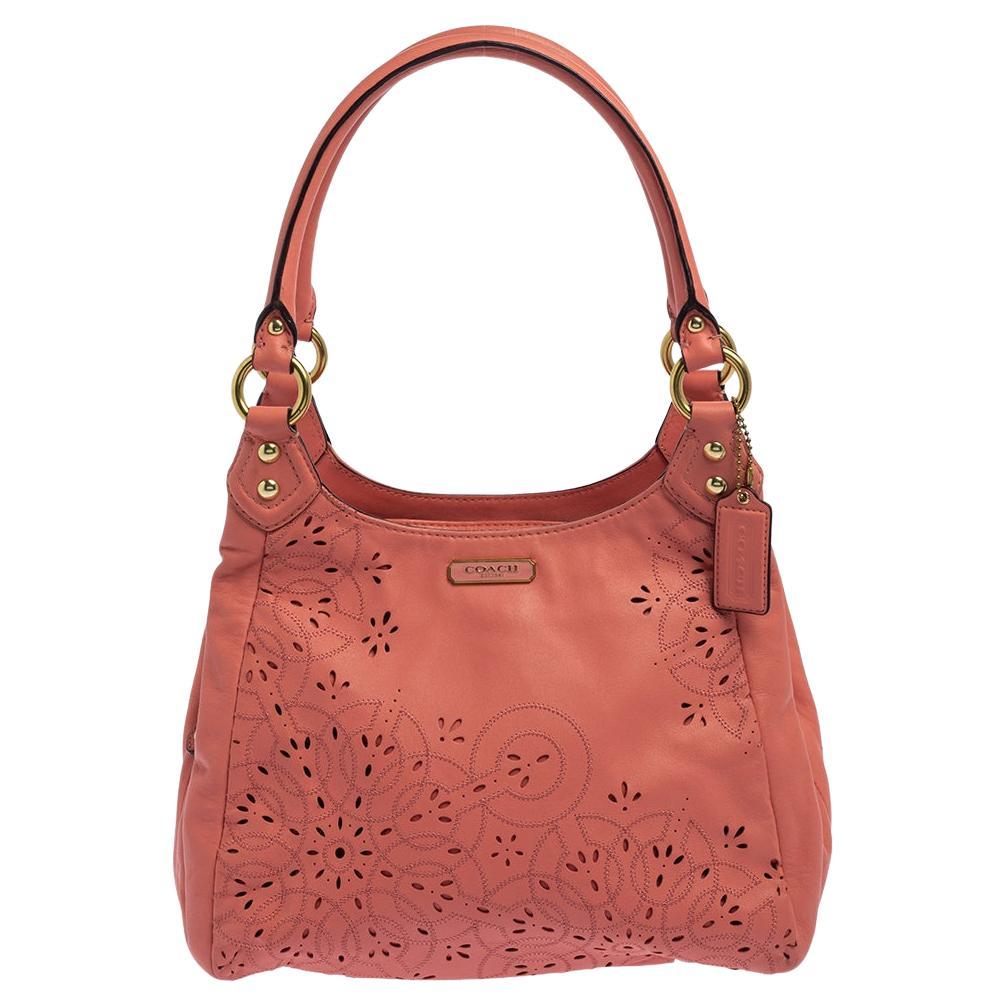 Coach Pink Leather Floral Laser Cut Hobo For Sale