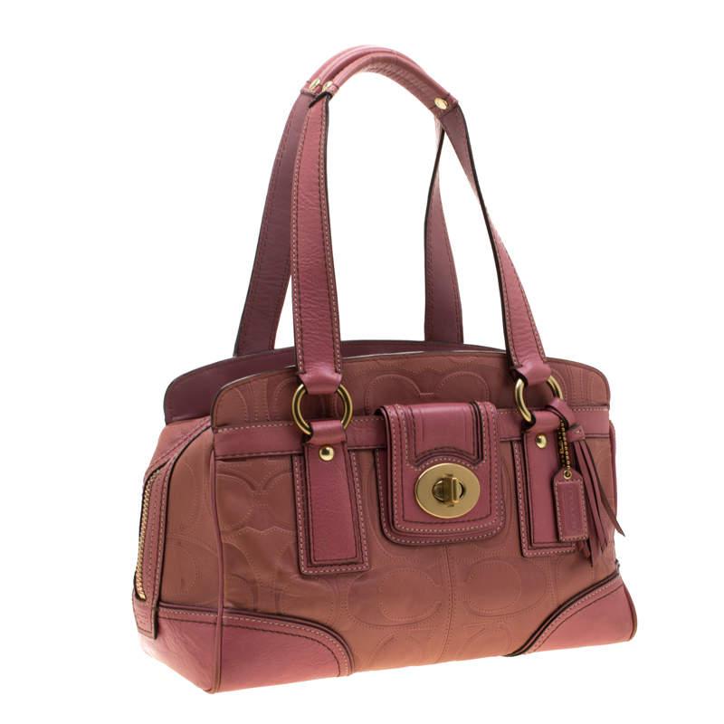 Brown Coach Pink Leather Pocket Turnlock Satchel