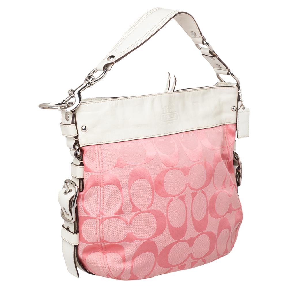 Coach Pink/White Signature Canvas and Leather Hobo For Sale 1