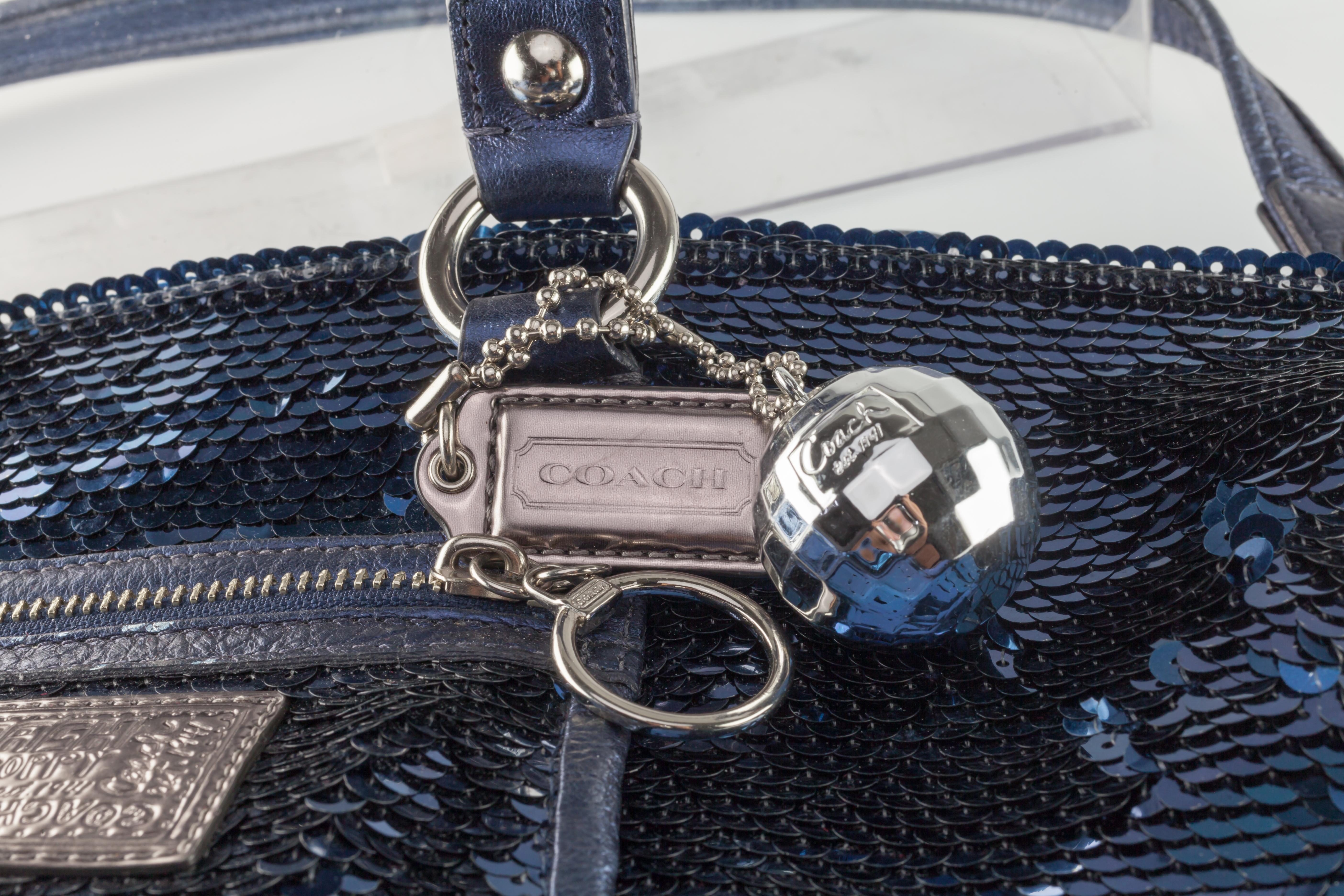 Women's or Men's Coach Poppy Blue Sequin Spotlight Purse w/ Disco Ball Bag Charm XL For Sale