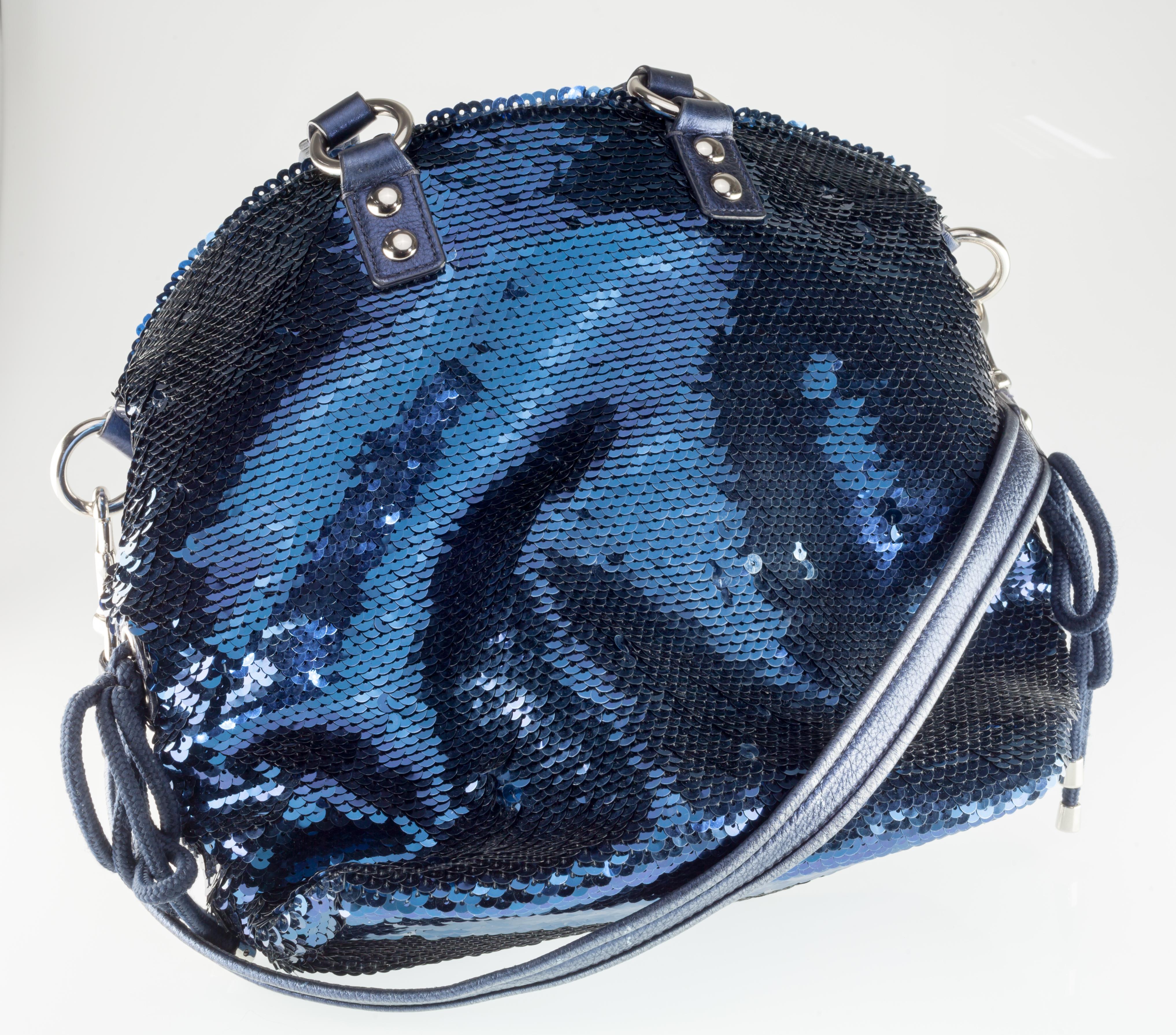 Coach Poppy Blue Sequin Spotlight Purse w/ Disco Ball Bag Charm XL For Sale 1