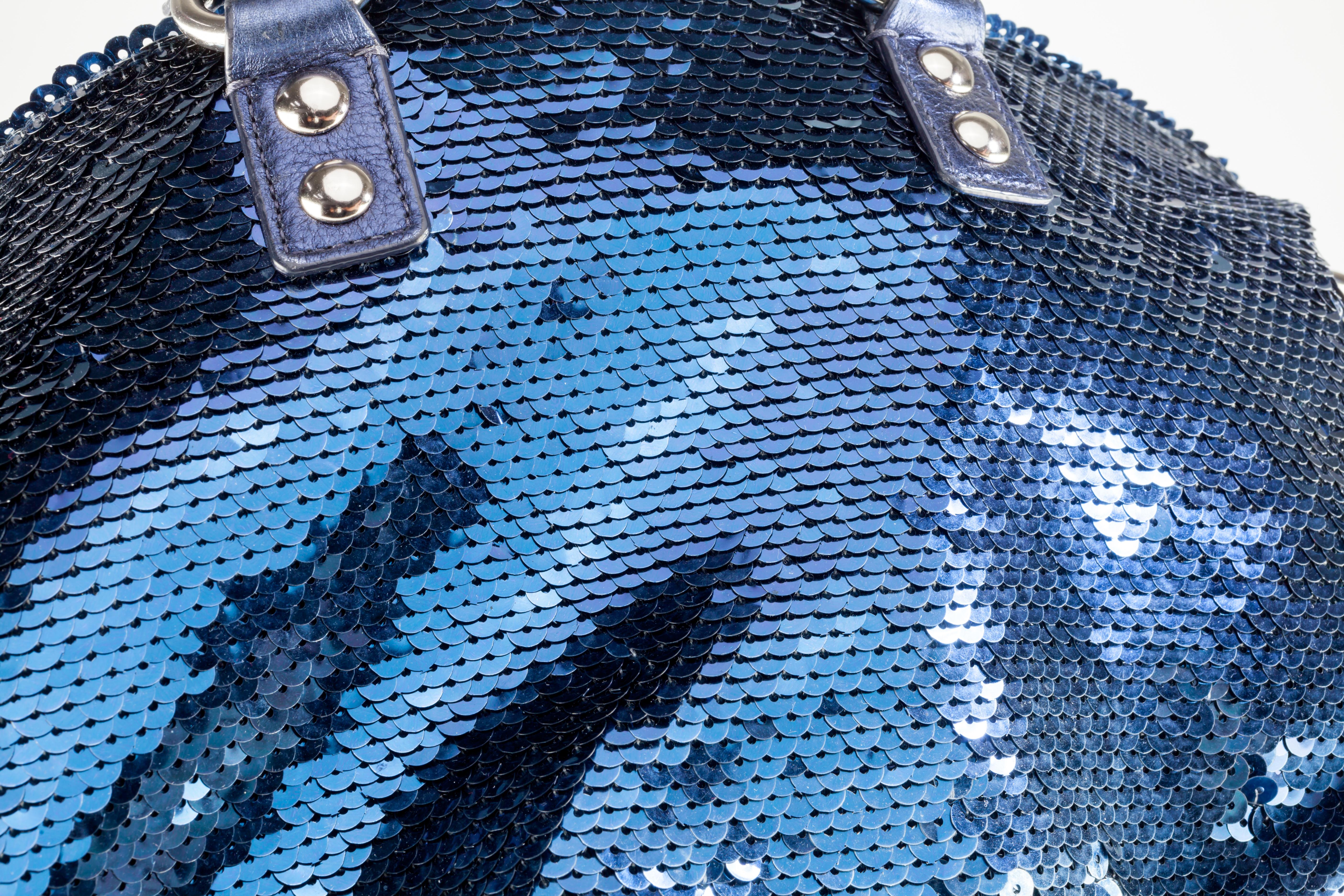 Coach Poppy Blue Sequin Spotlight Purse w/ Disco Ball Bag Charm XL For Sale 2