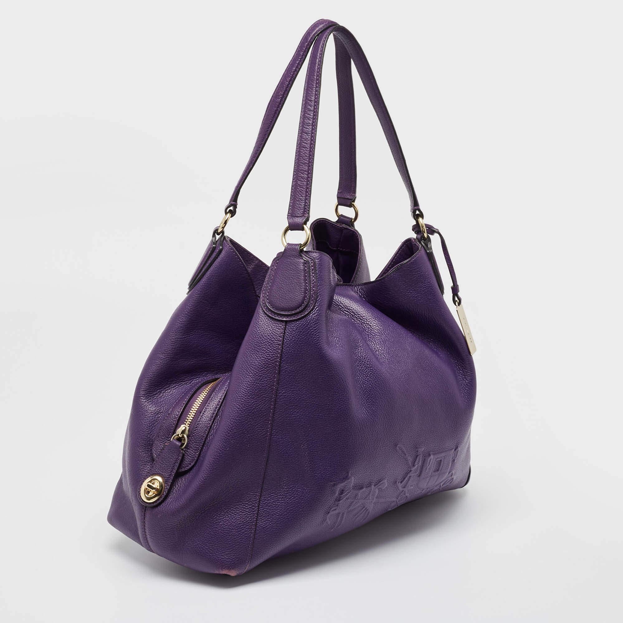 Black Coach Purple Leather Large Horse & Carriage Large Edie Shoulder Bag