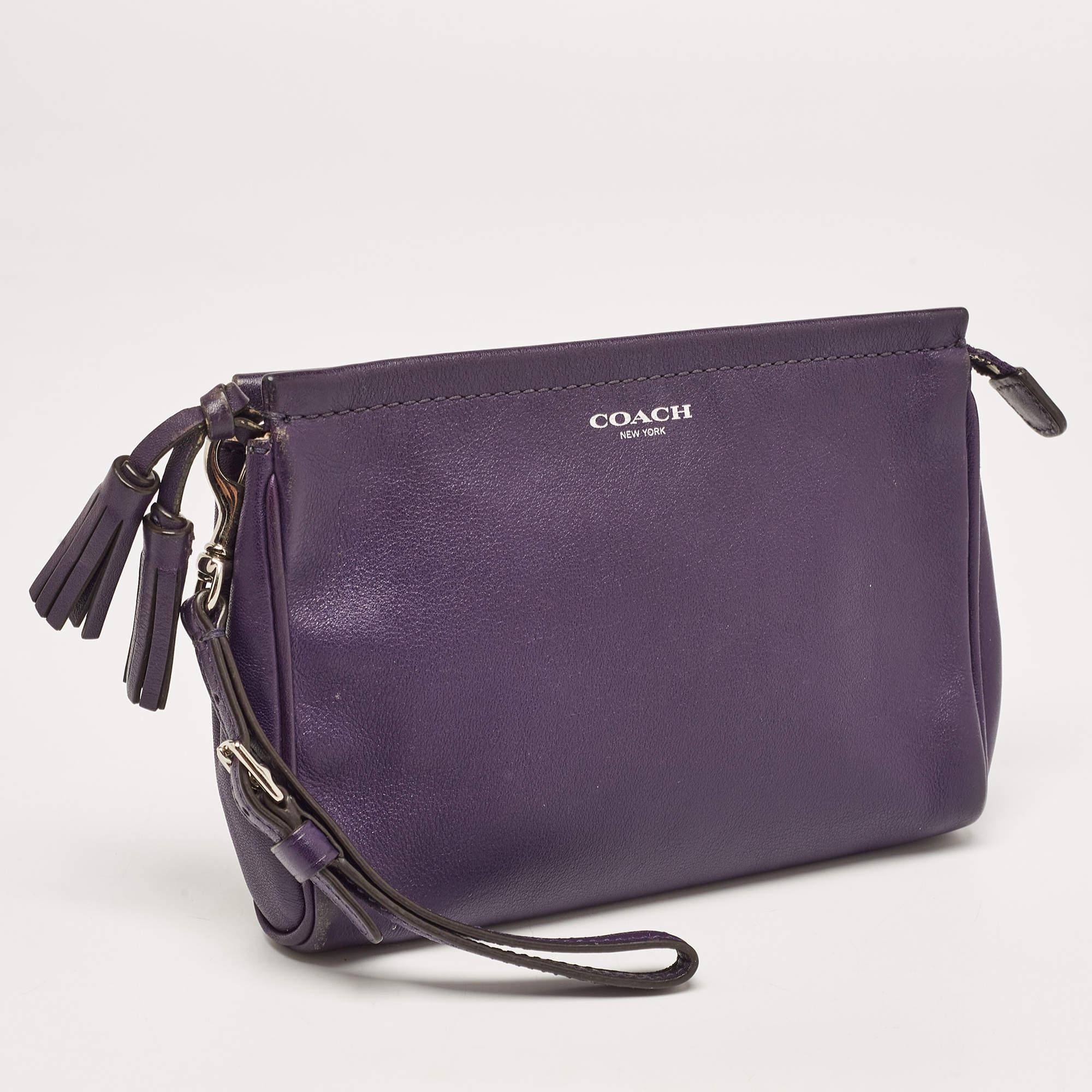 Gray Coach Purple Leather Wristlet Clutch For Sale