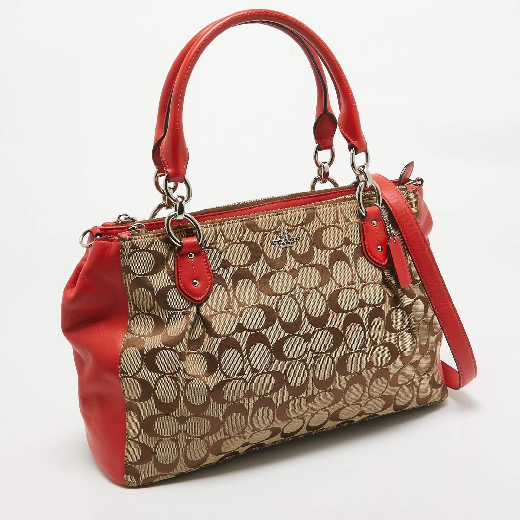 Brown Coach Red/Beige Signature Canvas and Leather Large Christie Caryall Tote For Sale