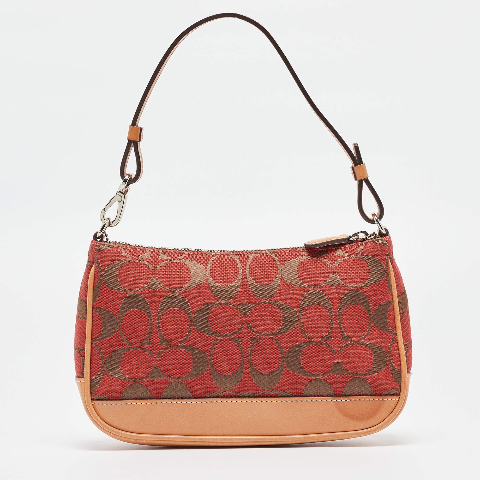 Women's Coach Red/Beige Signature Canvas and Leather Pochette Bag