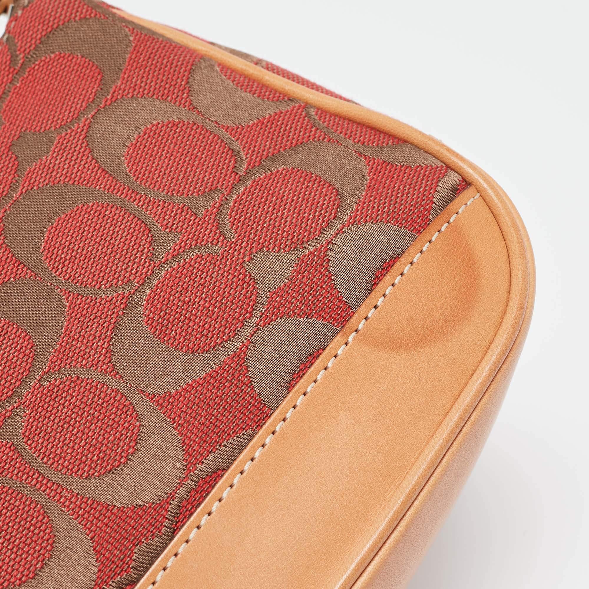 Coach Red/Beige Signature Canvas and Leather Pochette Bag 3