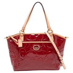 Coach Red/Beige Signature Embossed Patent Leather Peyton Tote