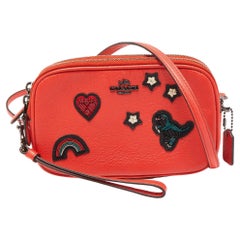 Coach Red Coral Leather Souvenir Embroidery Crossbody Clutch