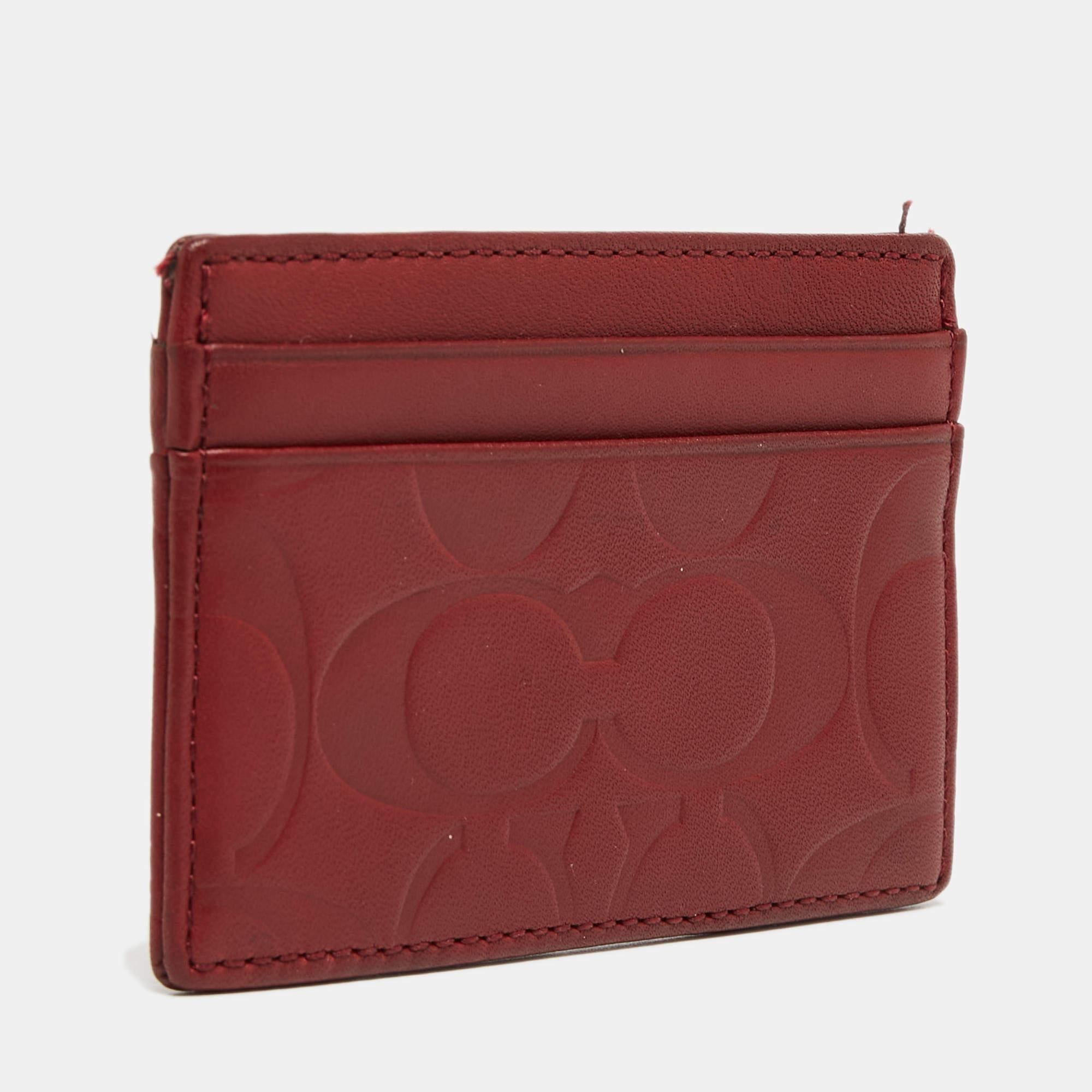 Brown Coach Red Logo Embossed Leather Card Holder For Sale
