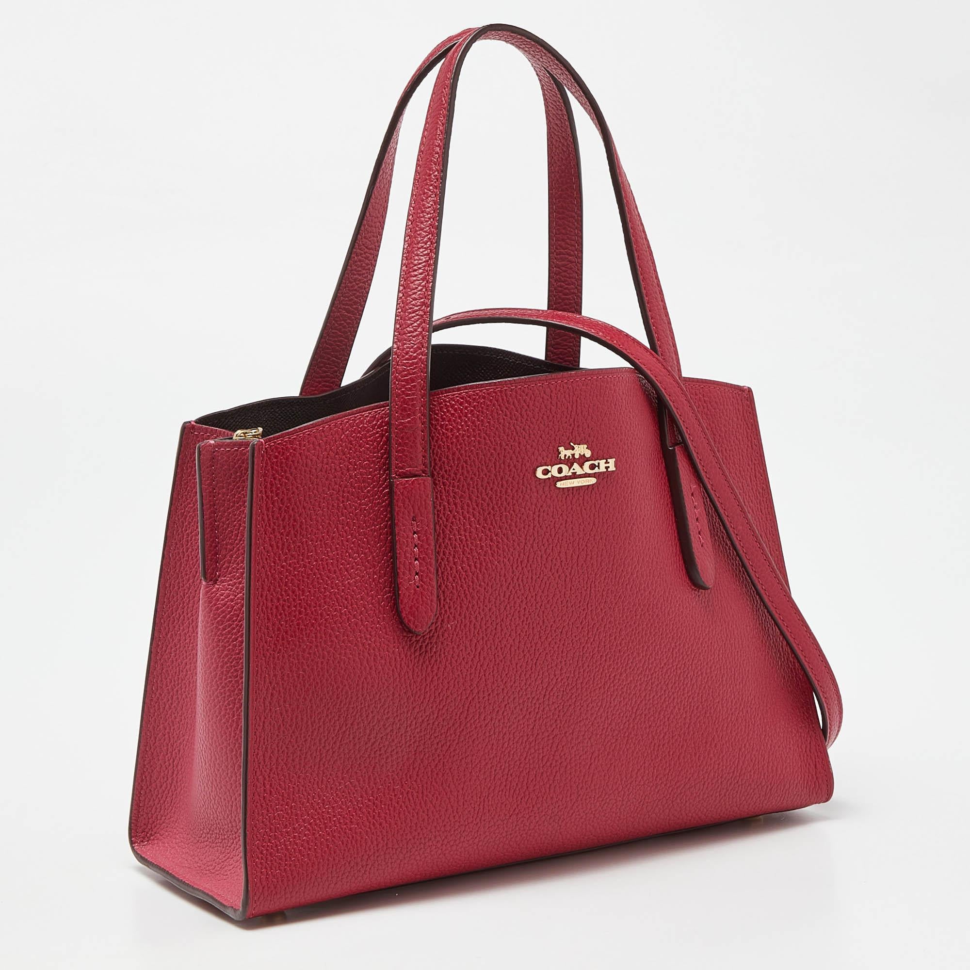 Coach Red/Pink Grained Leather Charlie Carryall Tote In Good Condition In Dubai, Al Qouz 2