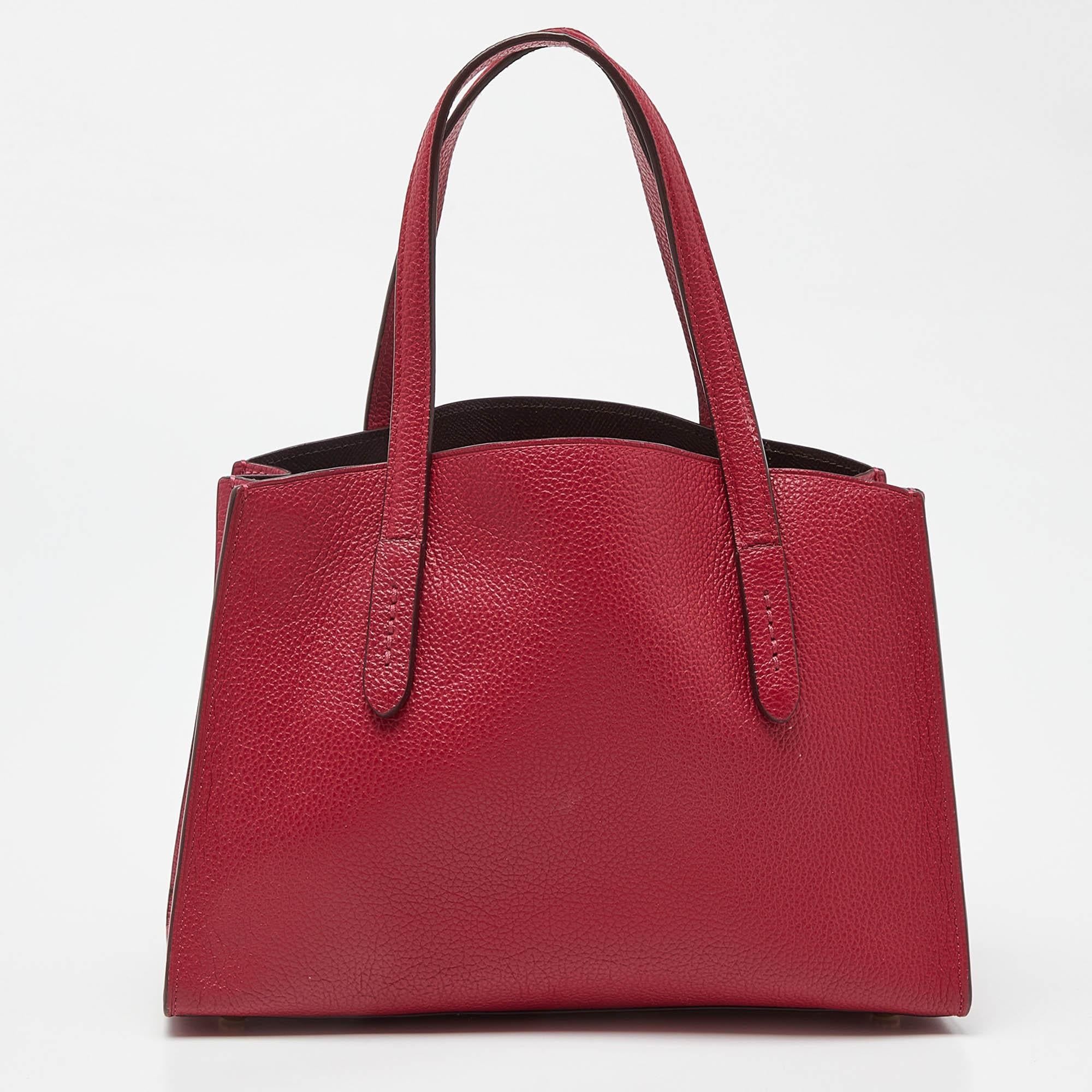 Women's Coach Red/Pink Grained Leather Charlie Carryall Tote