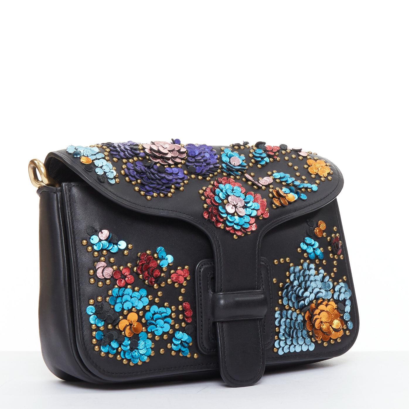 Black COACH RODARTE Courier multicolour floral applique leather chain crossbody bag For Sale