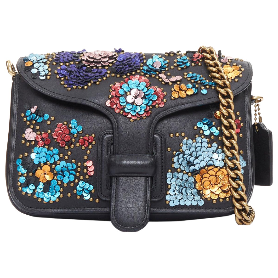 COACH RODARTE Courier multicolour floral applique leather chain crossbody bag For Sale