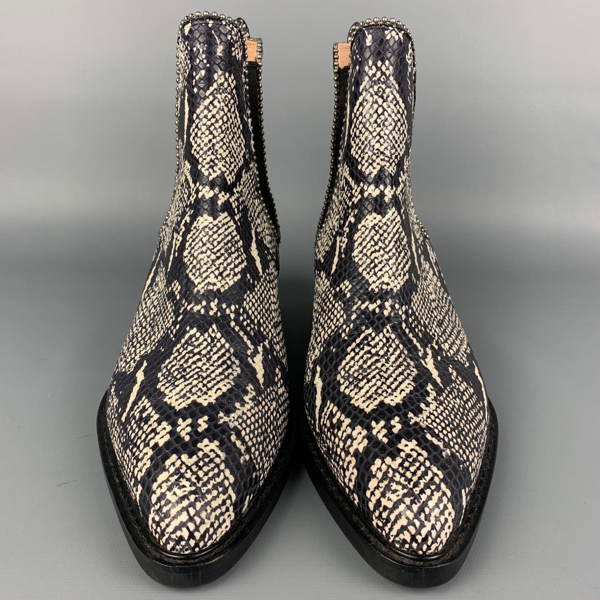 Women's COACH Size 11 Black & White Embossed Faux Snake Leather Boots For Sale