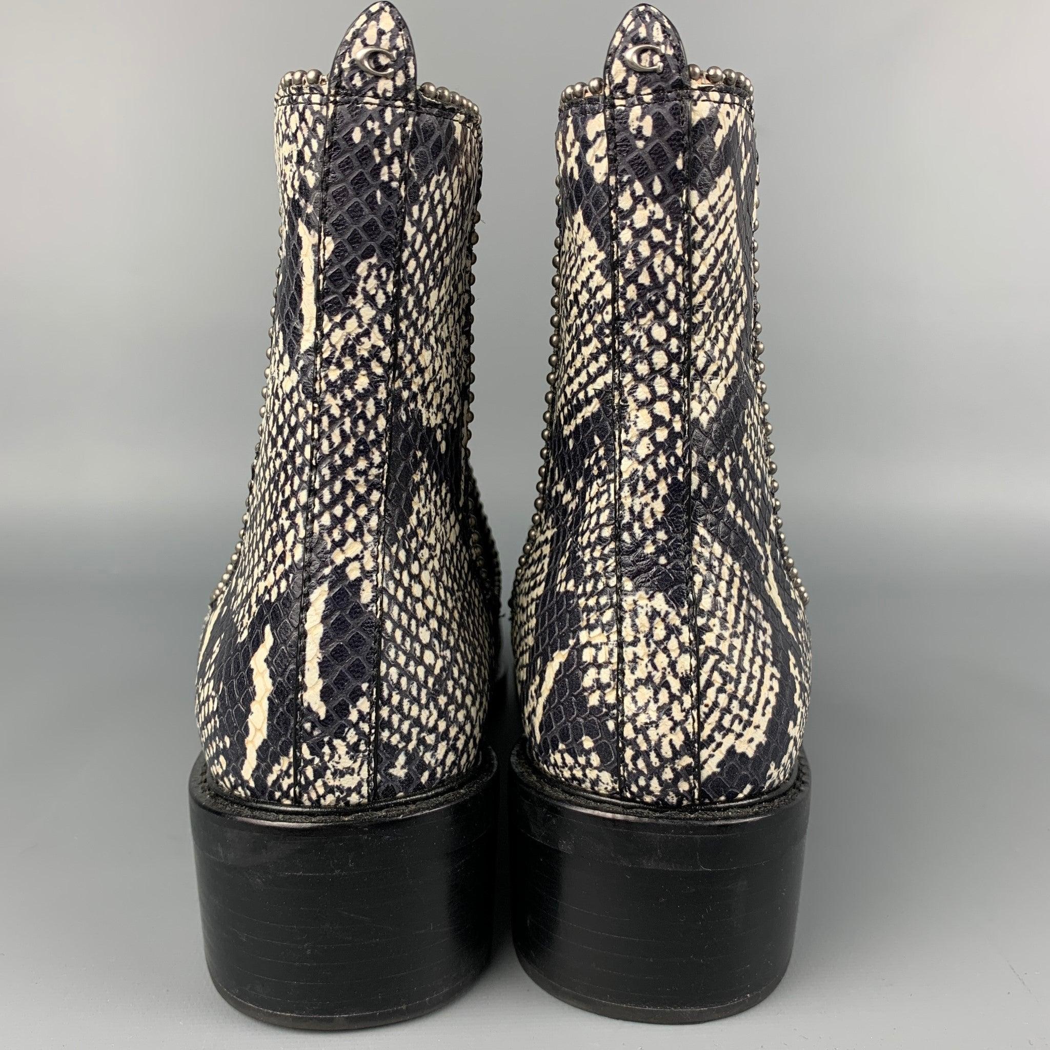 COACH Size 11 Black & White Embossed Faux Snake Leather Boots For Sale 1