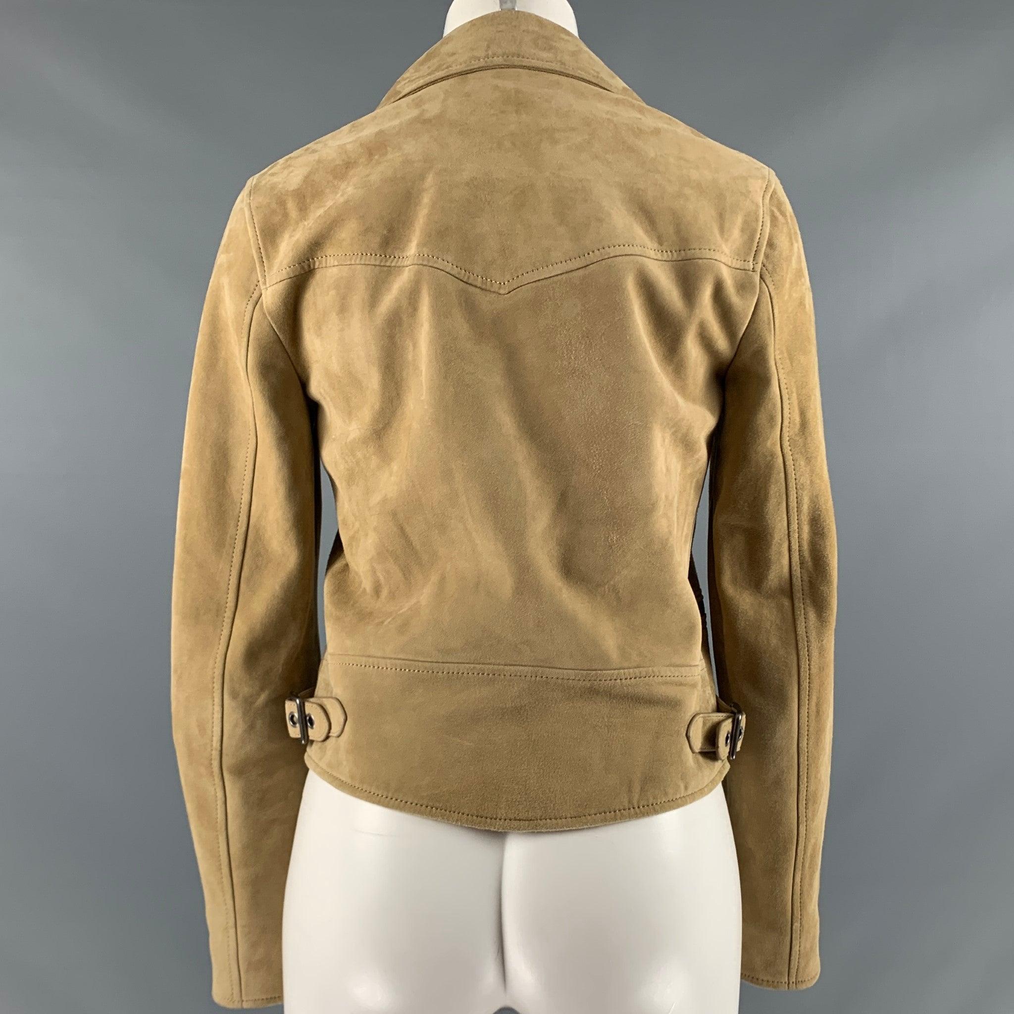 COACH Size 2 Tan Suede Lamb Skin Biker Jacket In Excellent Condition For Sale In San Francisco, CA