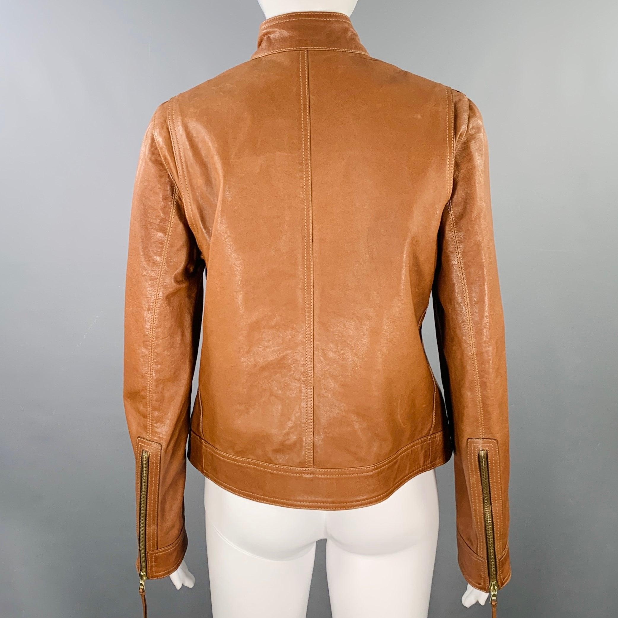 COACH Size 8 Brown Gold Leather Zip Pockets Jacket In Good Condition For Sale In San Francisco, CA