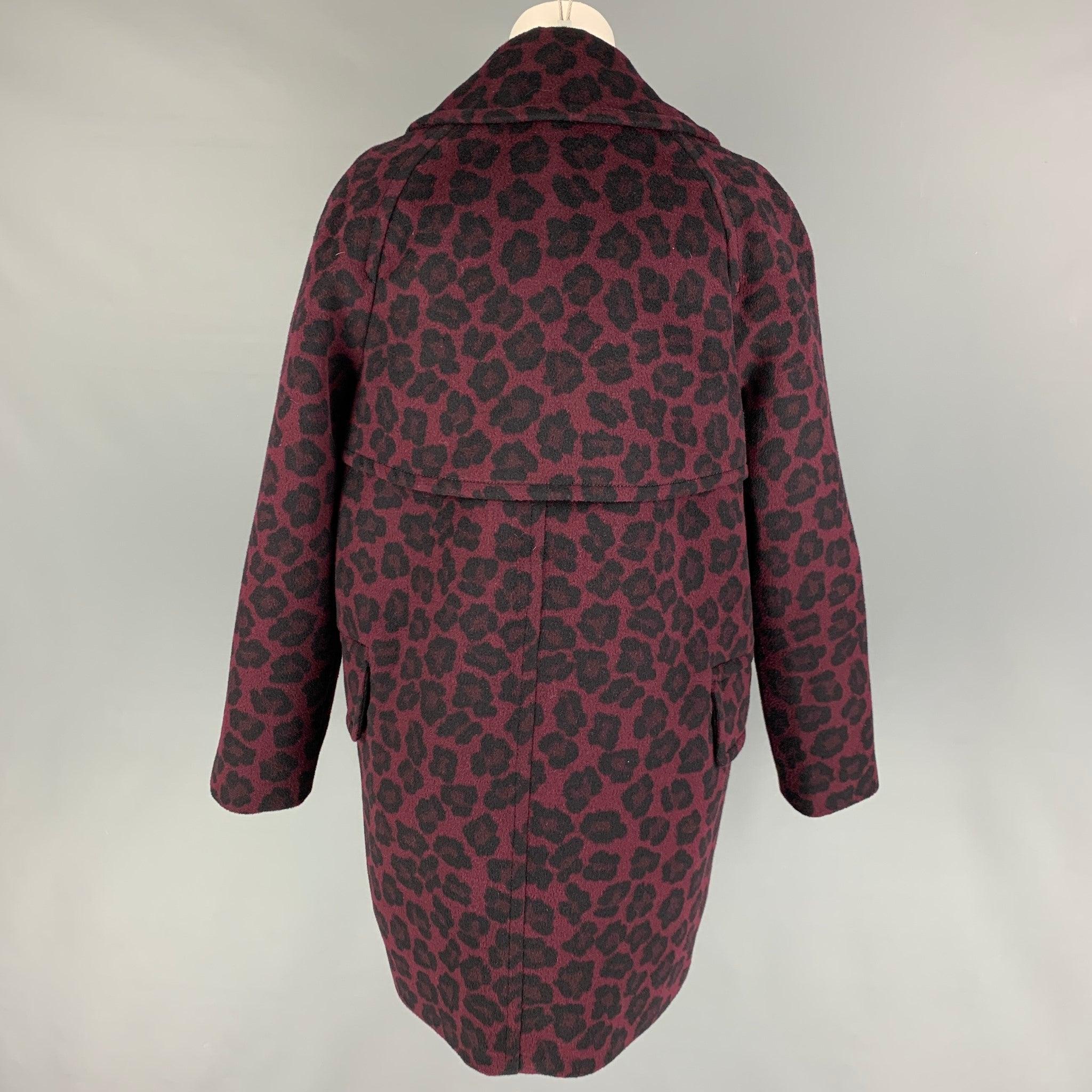 COACH Size M Burgundy Black Wool Blend Animal Print Double Breasted Coat In Good Condition In San Francisco, CA