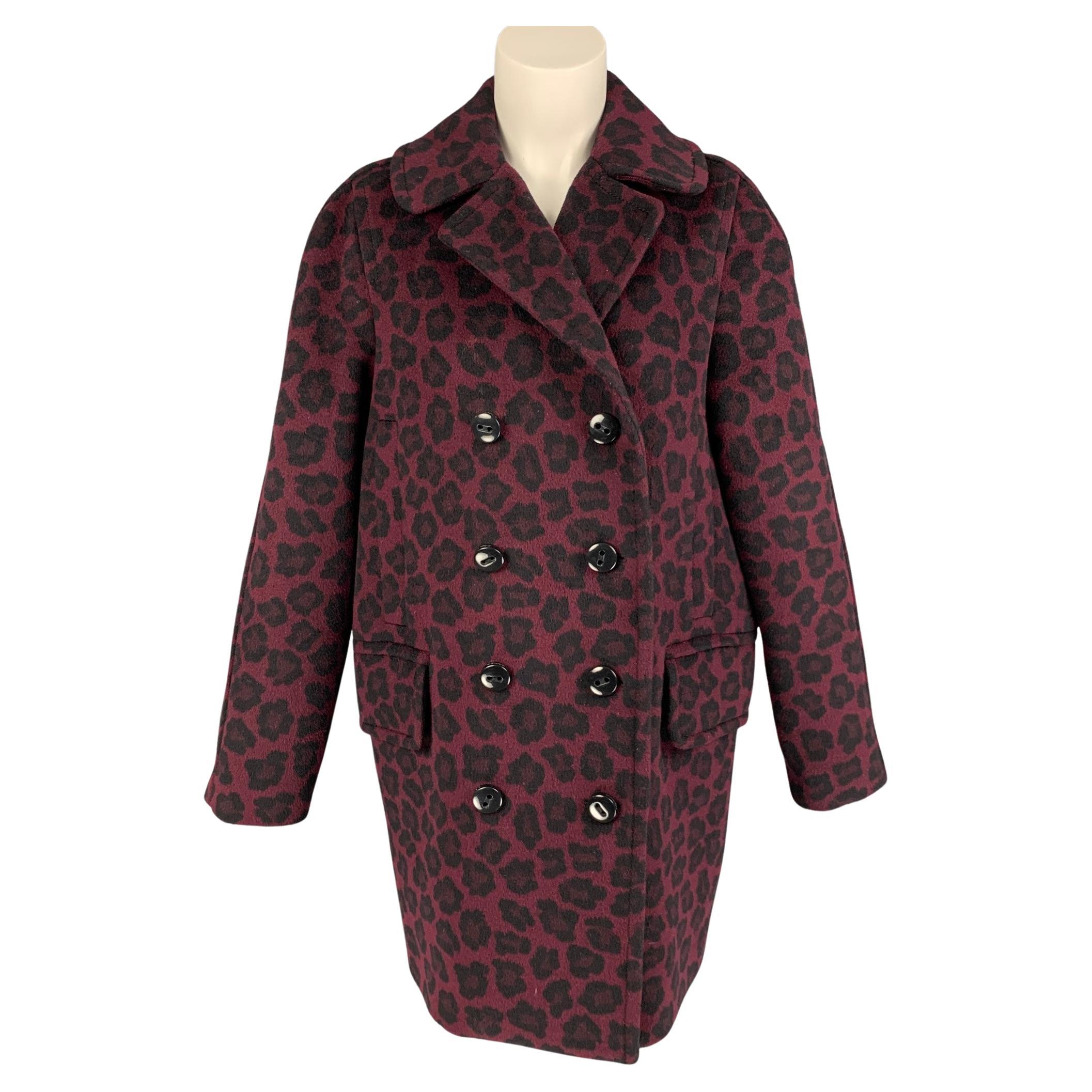 COACH Size M Burgundy Black Wool Blend Animal Print Double Breasted Coat
