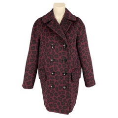 COACH Size M Burgundy Black Wool Blend Animal Print Double Breasted Coat