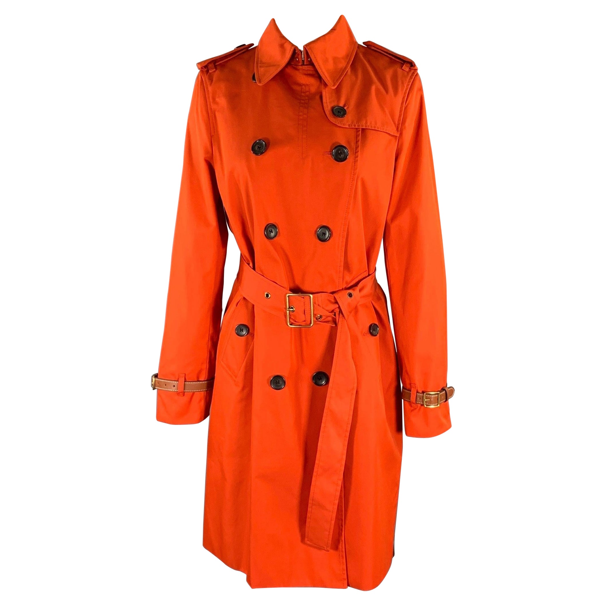 COACH Size M Orange Cotton / Polyester Leather Trim Double Breasted Trench Coat
