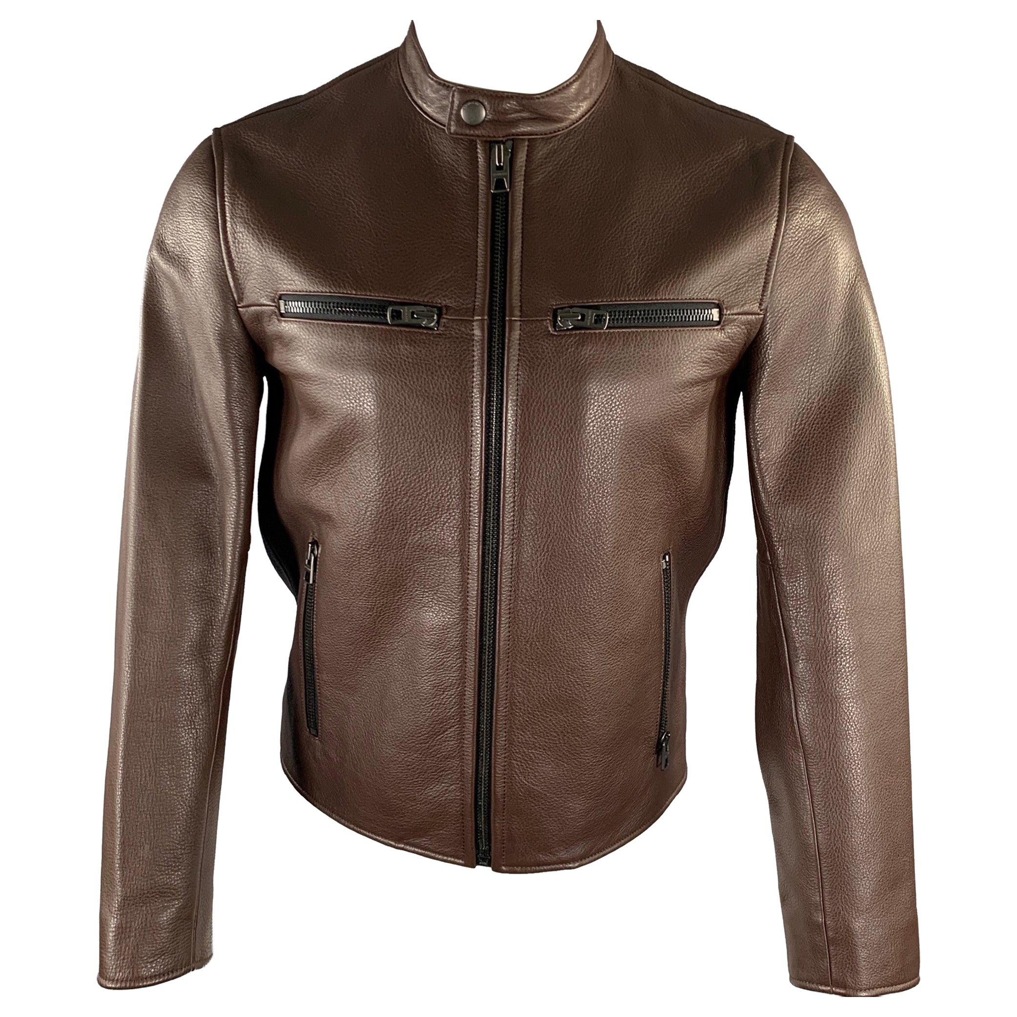 COACH Taille XS Veste Moto en cuir marron en vente