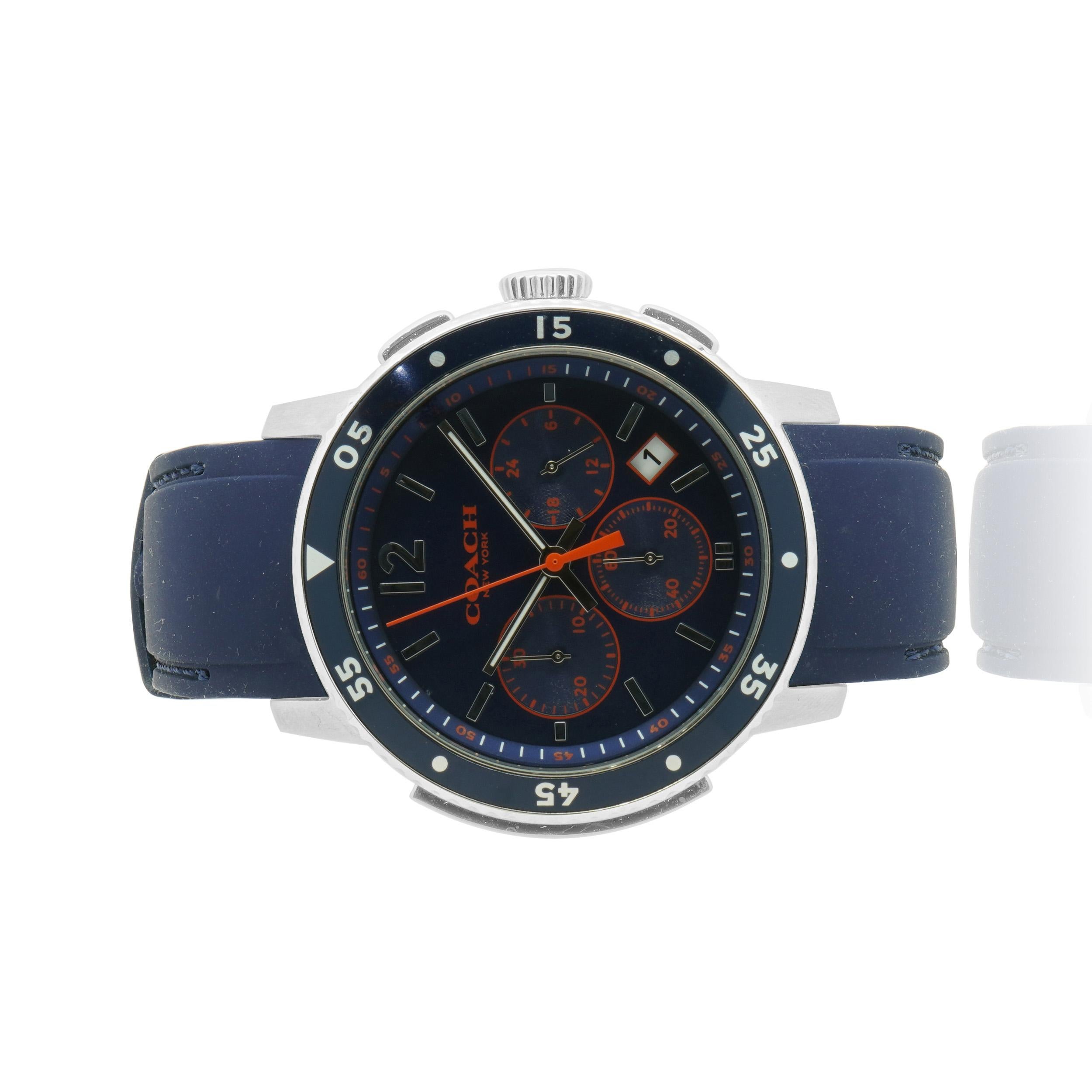 Movement: quartz
Function: hours, minutes, seconds, date, chronograph
Case: 44mm stainless steel case, blue dive bezel
Band: blue rubber 
Dial: blue, orange accents
Reference #: Coach
Serial #: CA.103.2.27.1XXX
Does not come complete with box and