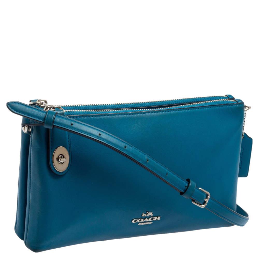 Coach Teal Blue Leather Crosby Double Zip Crossbody Bag In Fair Condition In Dubai, Al Qouz 2