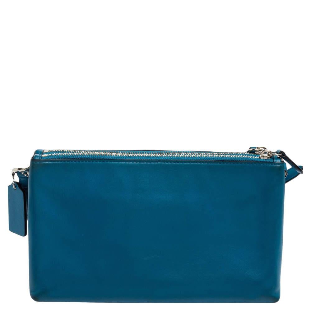 Women's Coach Teal Blue Leather Crosby Double Zip Crossbody Bag