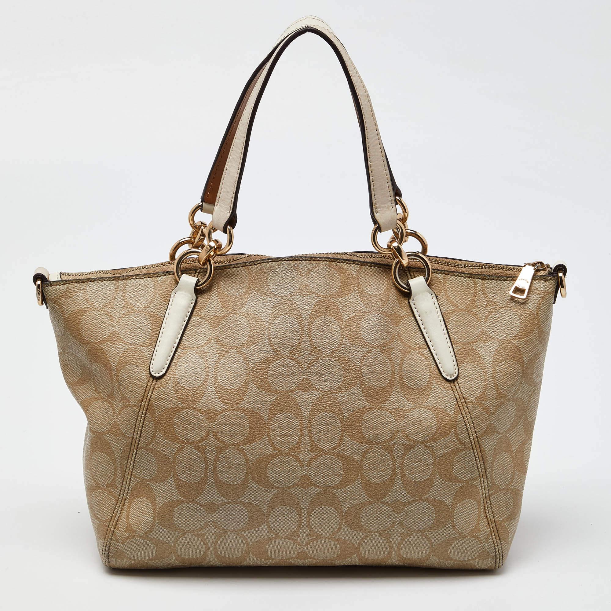 Women's Coach Tri Color Signature Coated Canvas  and Leather Small Kelsey Satchel