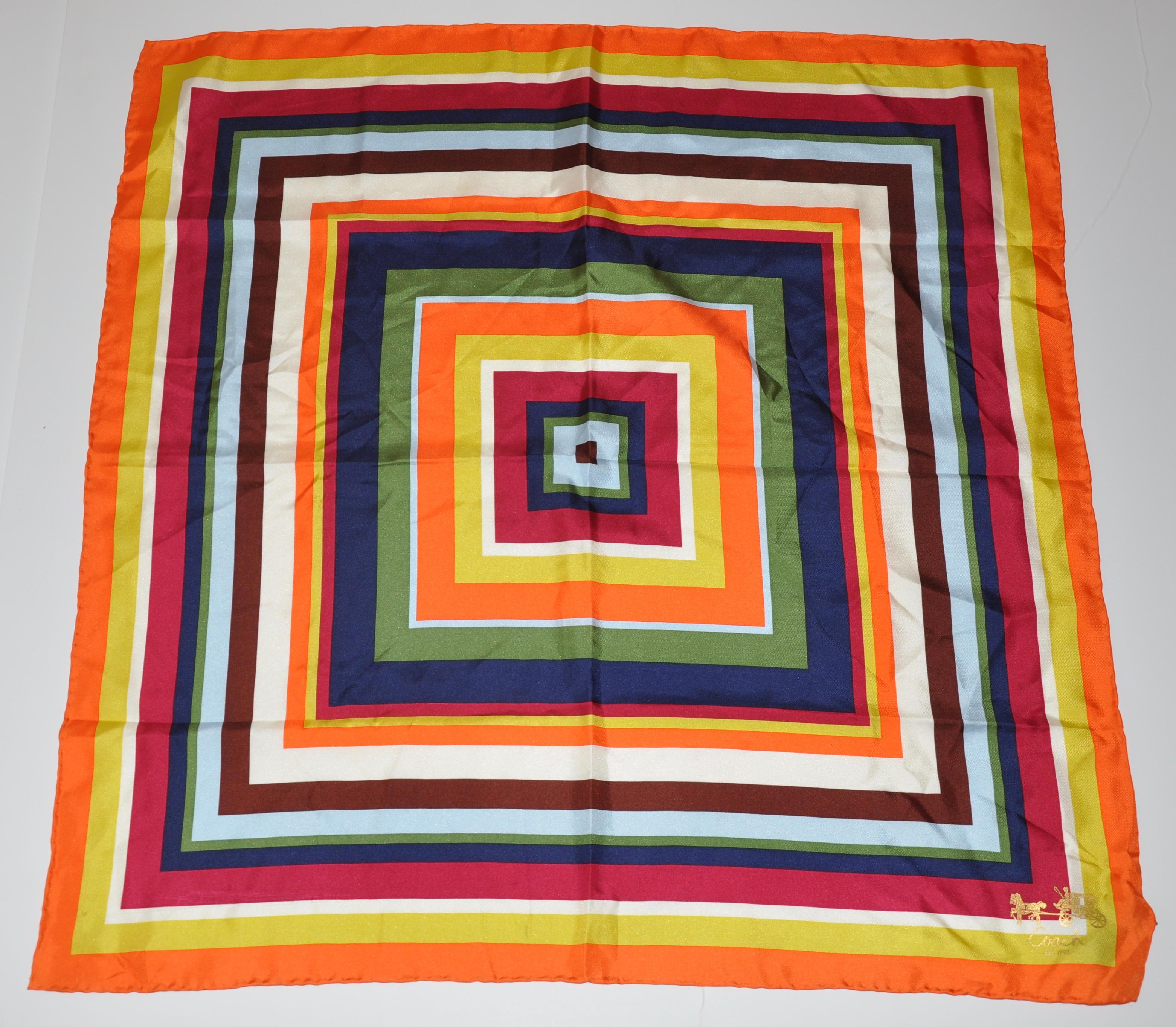 Coach - Écharpe en soie multicolore aux couleurs vives et aux carrés superposés en vente 1