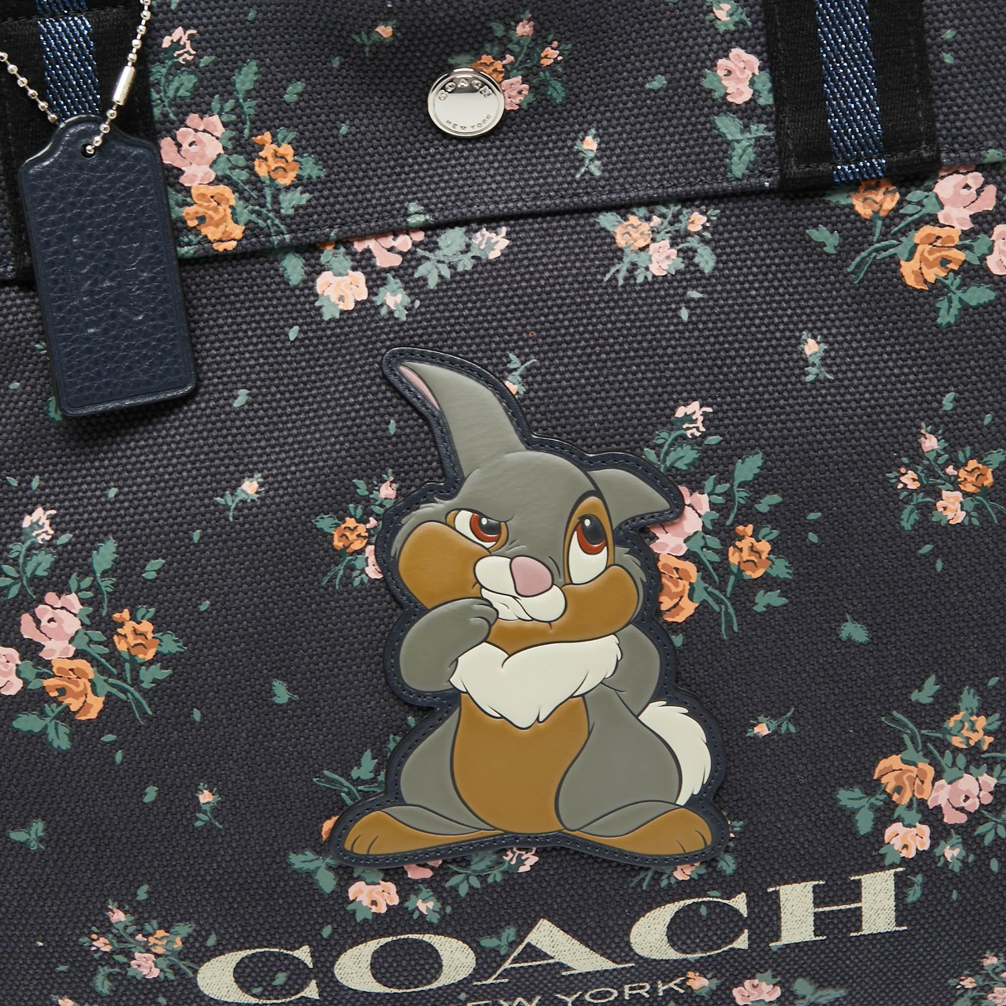 Coach x Disney Navy Blue Rose Bouquet Print and Thumper Canvas Tote In Good Condition In Dubai, Al Qouz 2