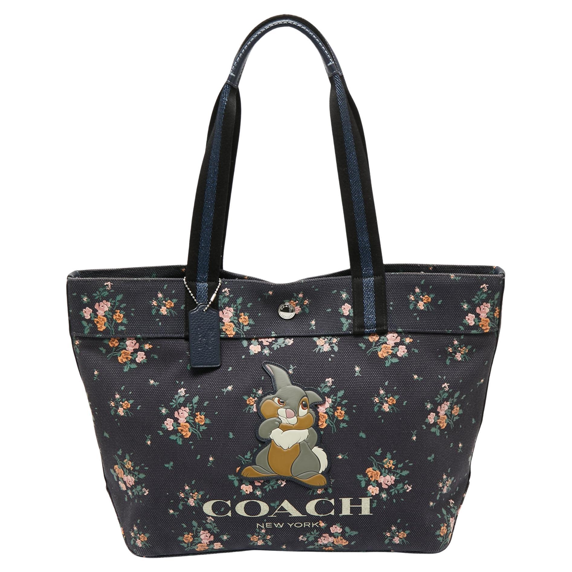 Coach x Disney Navy Blue Rose Bouquet Print and Thumper Canvas Tote