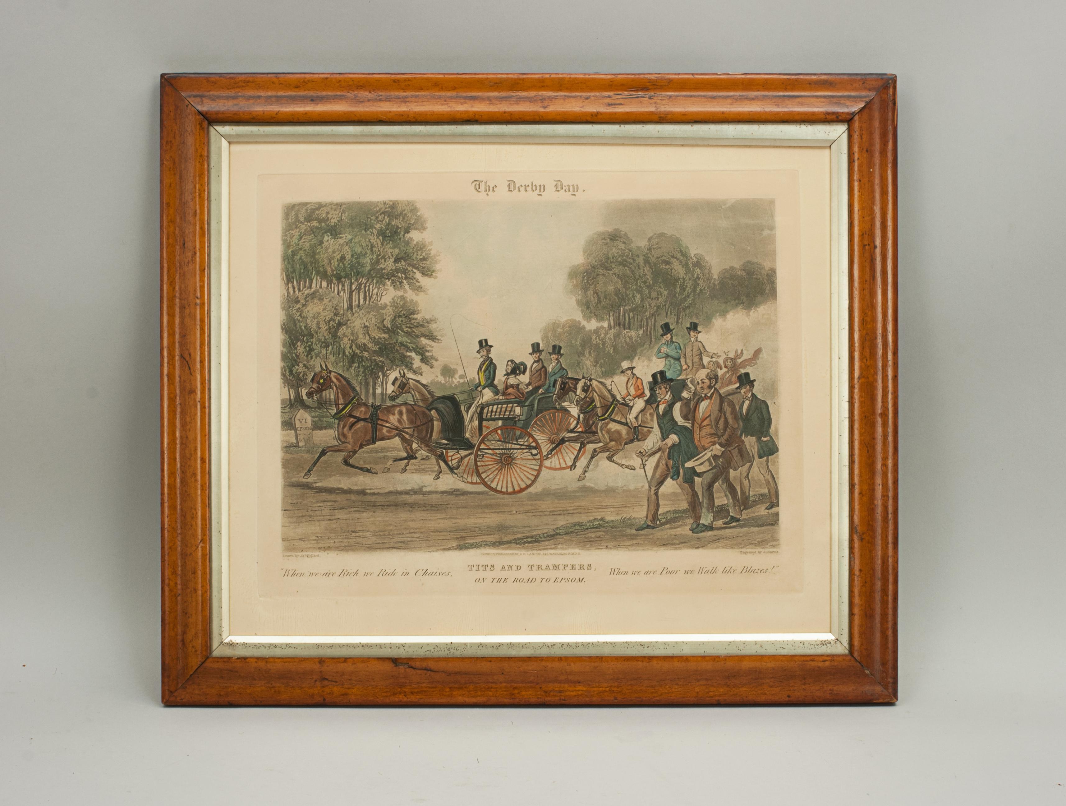 Coaching picture by James Pollard.
The Derby Day, Tits and Trampers, on the road to Epsom after the original by James Pollard. Framed in an old maple frame with gold slip and glass. The picture depicts people on the way to Epsom races with the