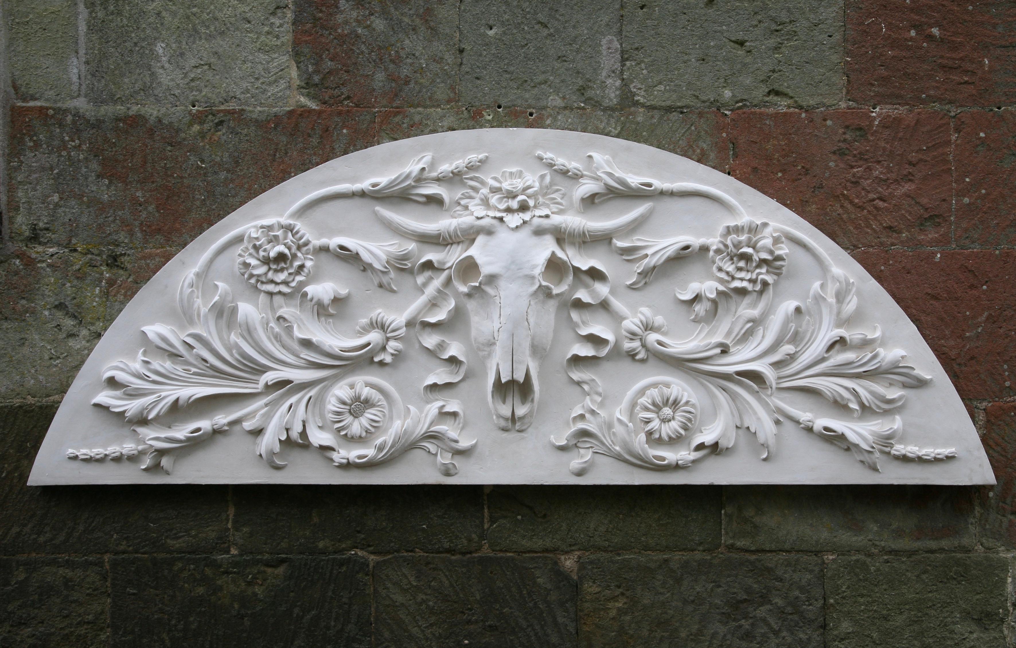 Coade Still-Life Sculpture - Bucranium Mask Arch Plaster Panel 