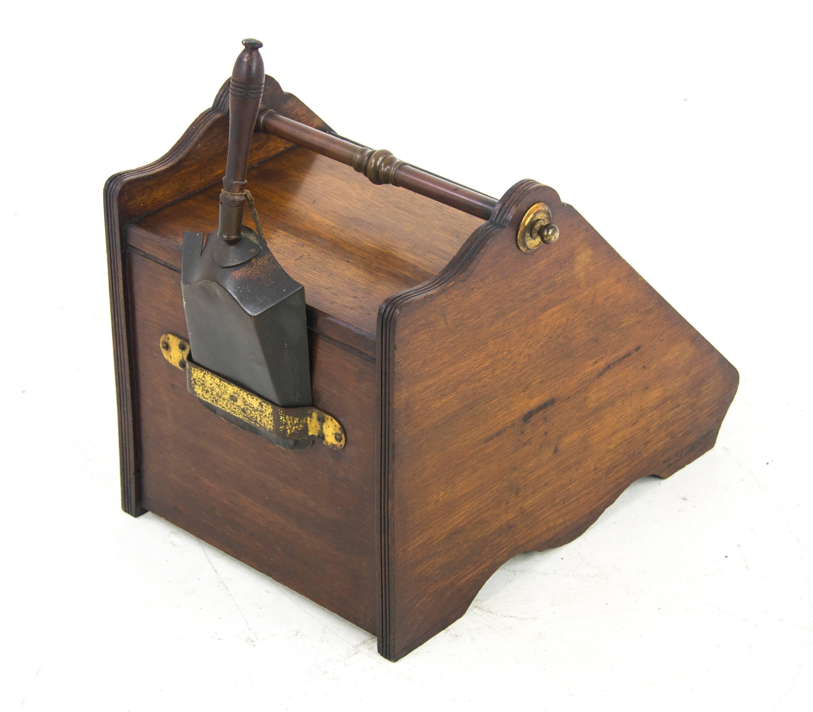 Hand-Crafted Coal Scuttle, Coal Hod, Fireplace Decor, Carved Oak with Shovel, 1870, B1085