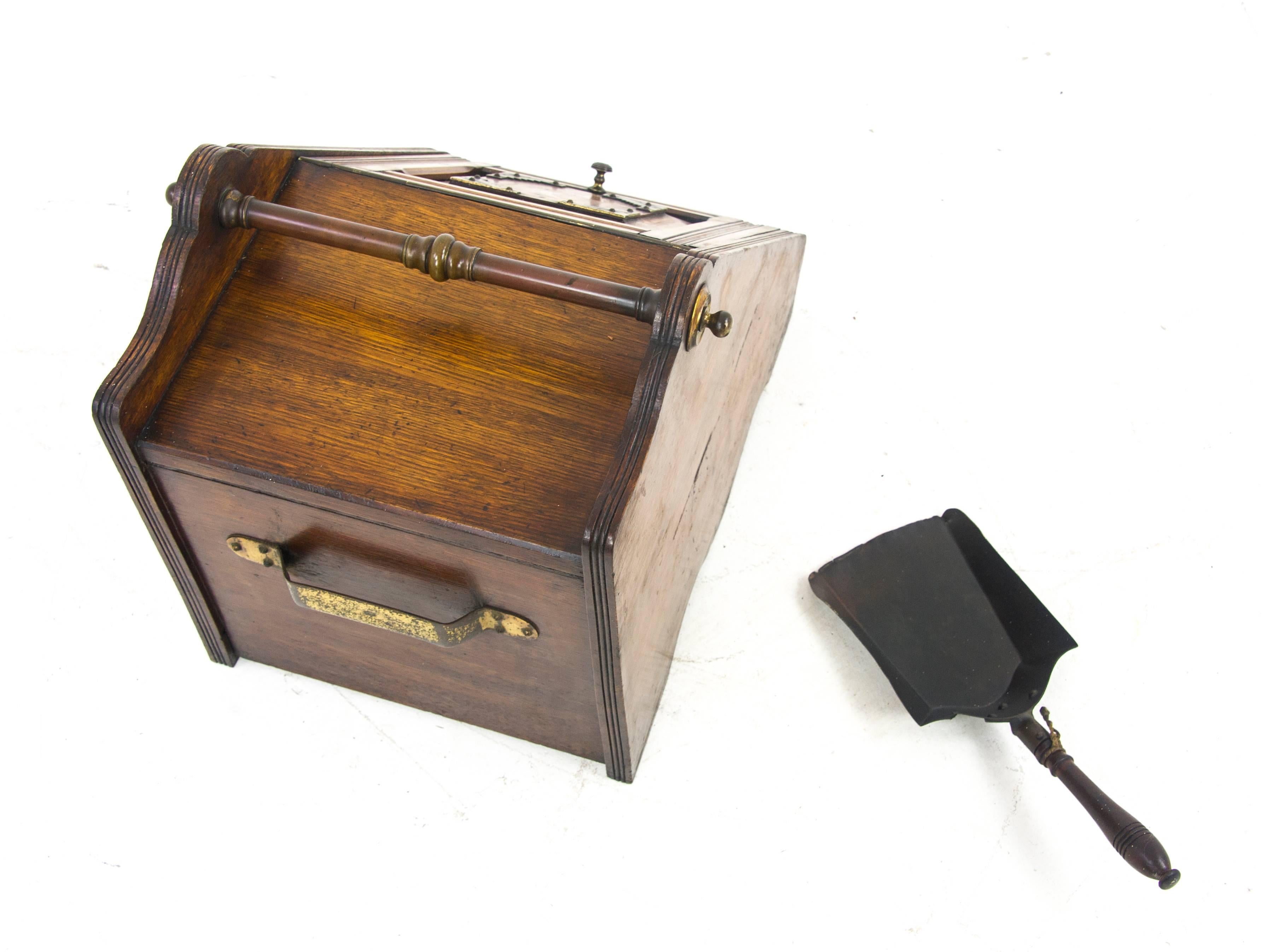 Late 19th Century Coal Scuttle, Coal Hod, Fireplace Decor, Carved Oak with Shovel, 1870, B1085